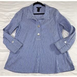 Ali Miles Tunic Top Size L Blue White Striped Collared Button Coastal Cottage